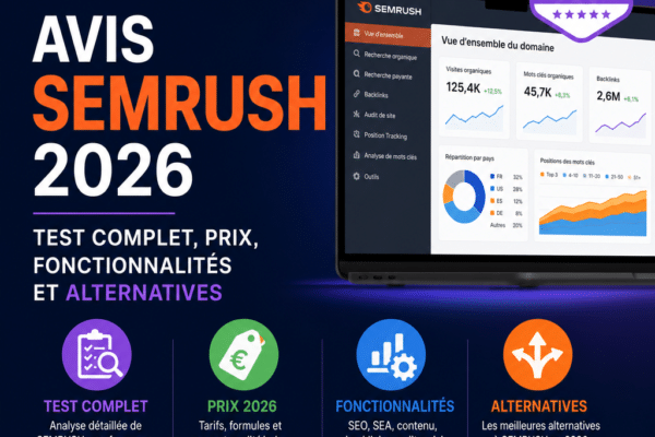 Illustration d’un outil SEO type Semrush avec tableaux de bord analytiques, graphiques de mots-clés et données de backlinks représentant une analyse marketing digital en 2026