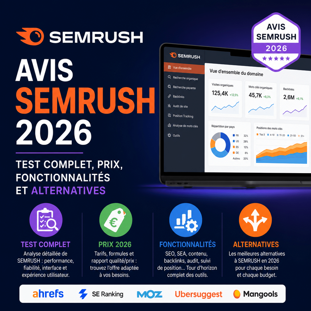 Illustration d’un outil SEO type Semrush avec tableaux de bord analytiques, graphiques de mots-clés et données de backlinks représentant une analyse marketing digital en 2026