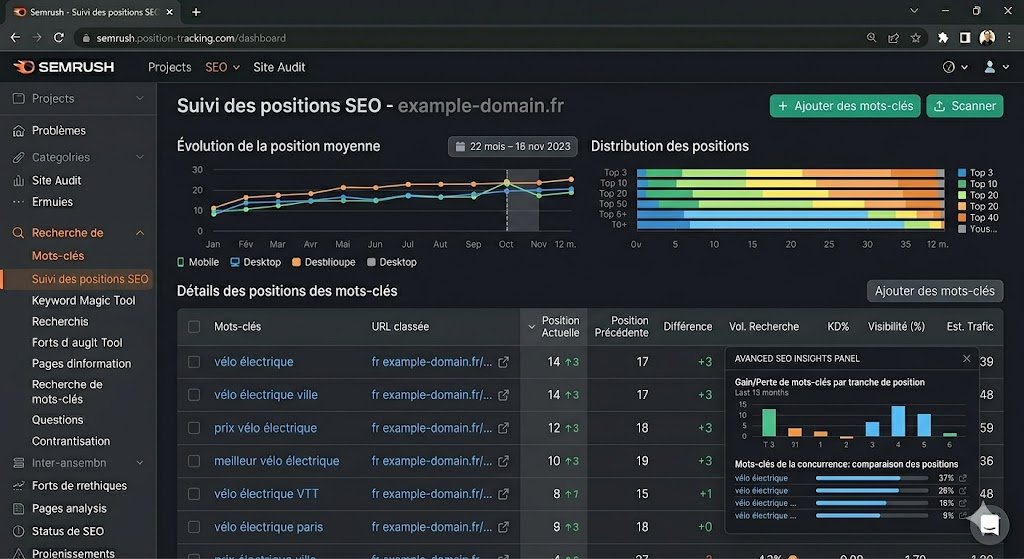 Dashboard Semrush avec suivi Semrush avec suivi des positions SEO