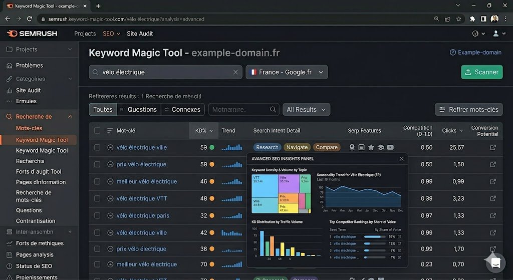 Interface Semrush Keyword Magic Tool avec analyse SEO Keyword Magic Tool avec analyse SEO