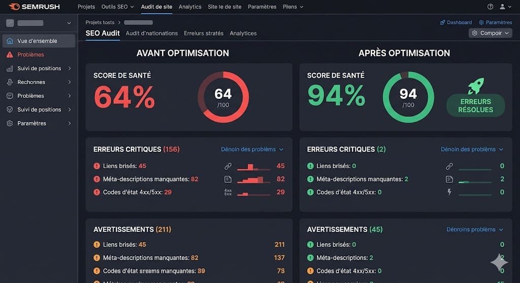 Résultat audit SEO Semrush SEO Semrush avant après