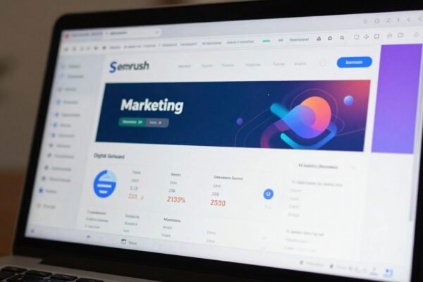 Interface Semrush sur un écran d'ordinateur portable.