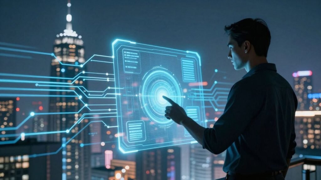 Intelligence artificielle et productivité dans un paysage urbain futuriste.