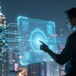 Intelligence artificielle et productivité dans un paysage urbain futuriste.