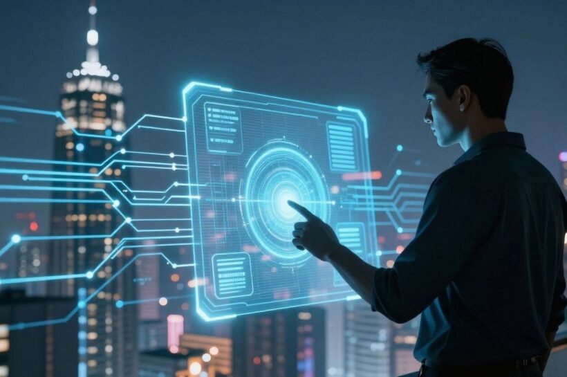 Intelligence artificielle et productivité dans un paysage urbain futuriste.
