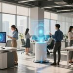 Professionnels interagissant avec des interfaces IA futuristes dans un bureau.