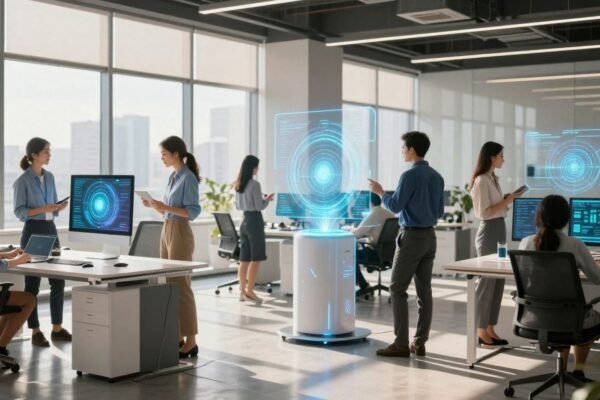 Professionnels interagissant avec des interfaces IA futuristes dans un bureau.