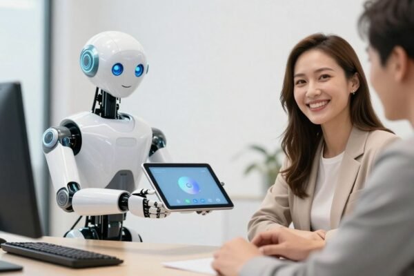 Robot et client souriants dans un bureau moderne.