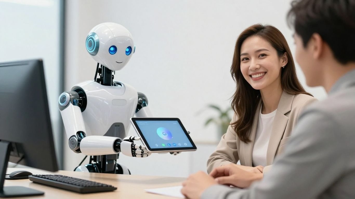 Robot et client souriants dans un bureau moderne.