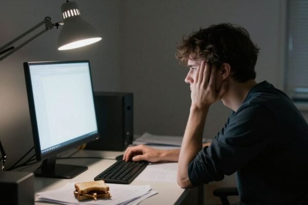 Personne confuse devant un écran d'ordinateur vide.