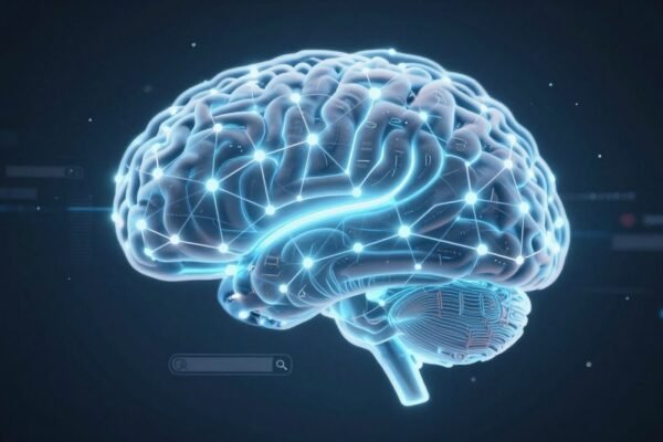Cerveau IA futuriste remplaçant la barre de recherche classique.