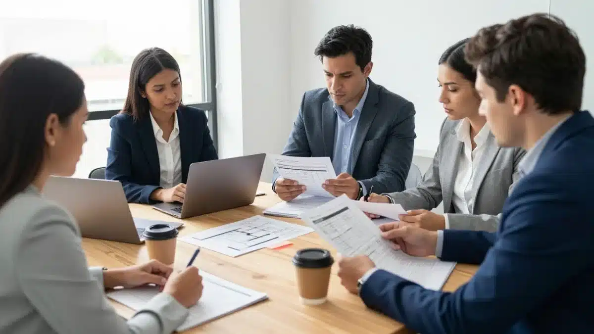 Équipe analysant des processus métier autour d’une table