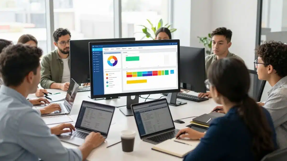Tableau de bord marketing observé par une équipe