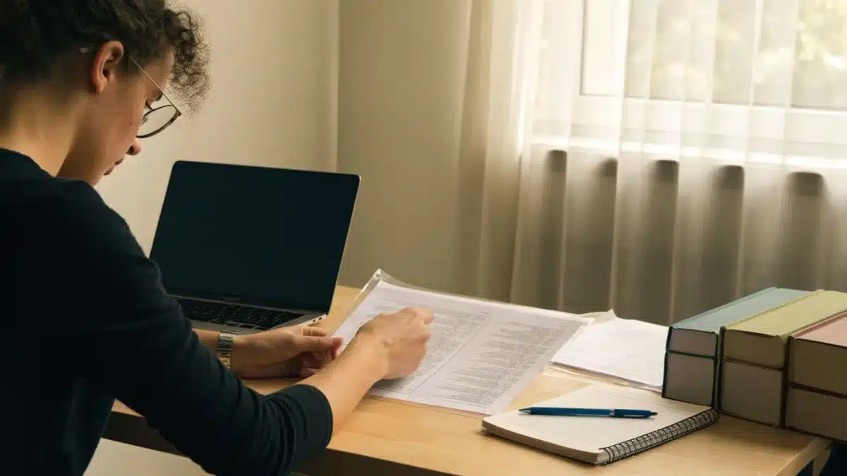 Rédactrice vérifiant des sources sur écran