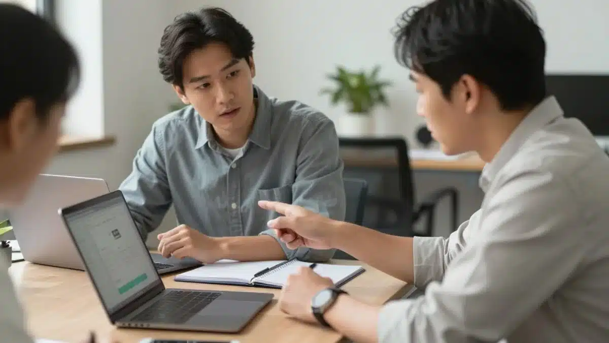 Collaborateurs testant un outil dans leur bureau