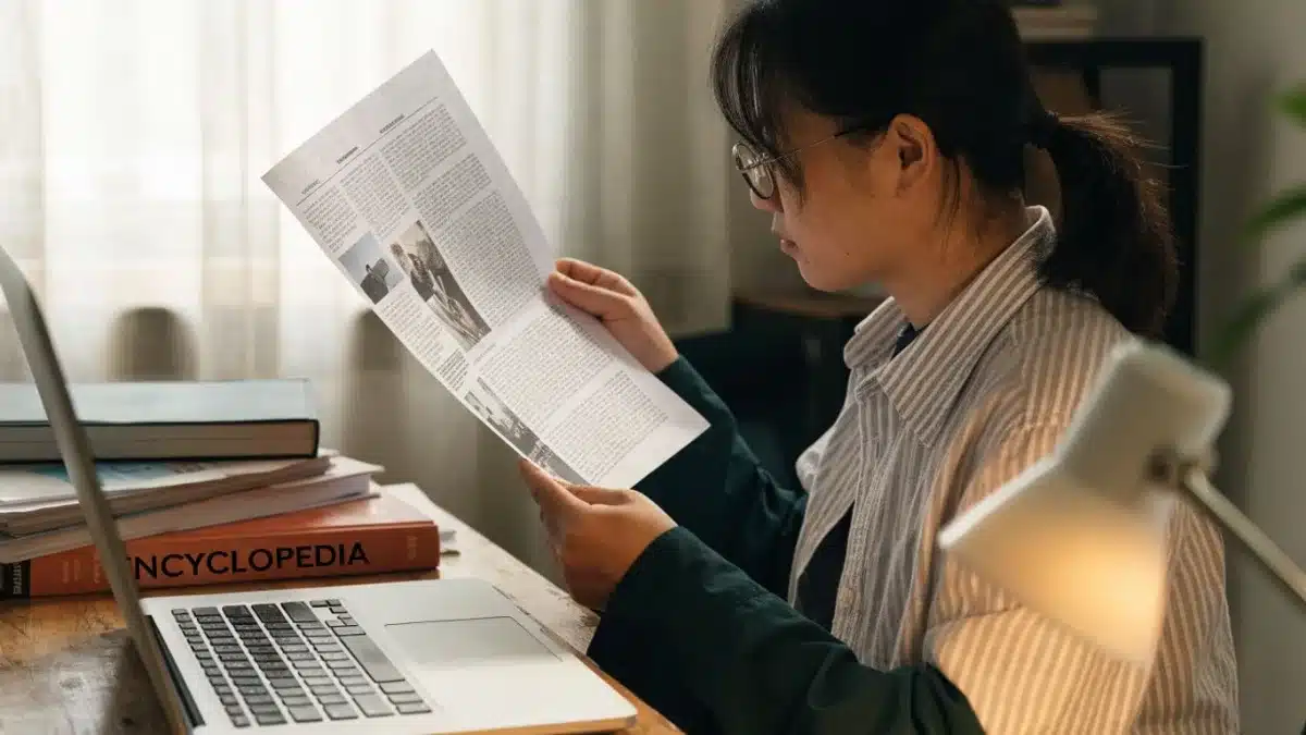 Rédactrice vérifiant une page claire et sourcée