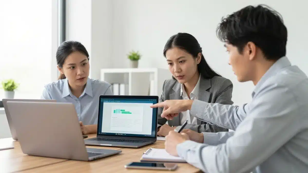 Professionnels comparant des solutions numériques en réunion