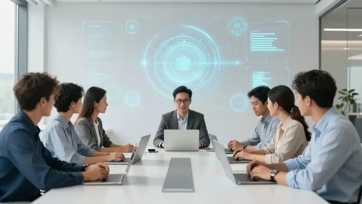PDG IA Équipe travaillant avec des interfaces IA modernes dans un bureau collaboratif.