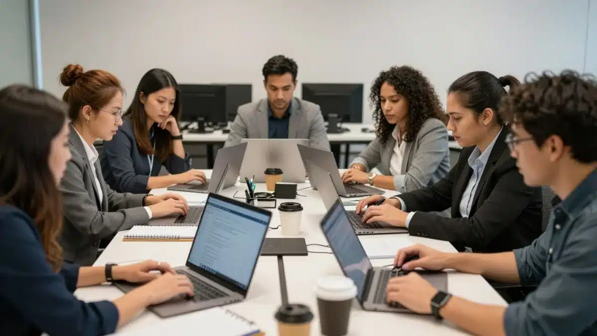 Équipe analysant une boîte mail professionnelle pour identifier les tâches répétitives
