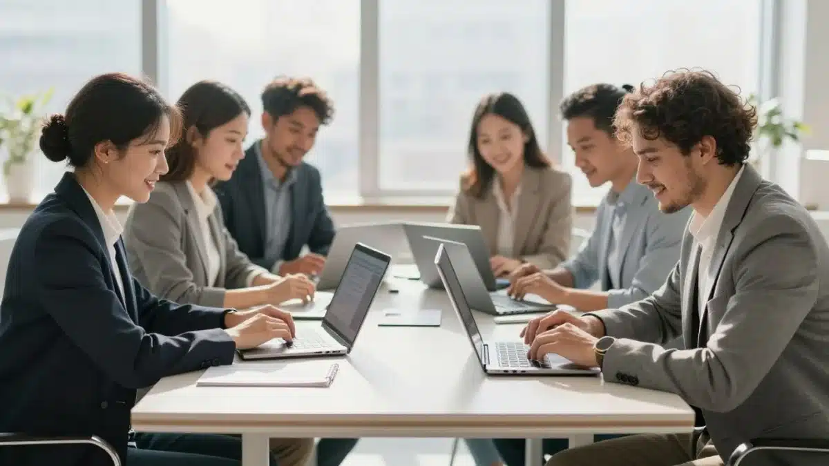 Professionnels travaillant ensemble sur des logiciels de facturation et comptabilité.