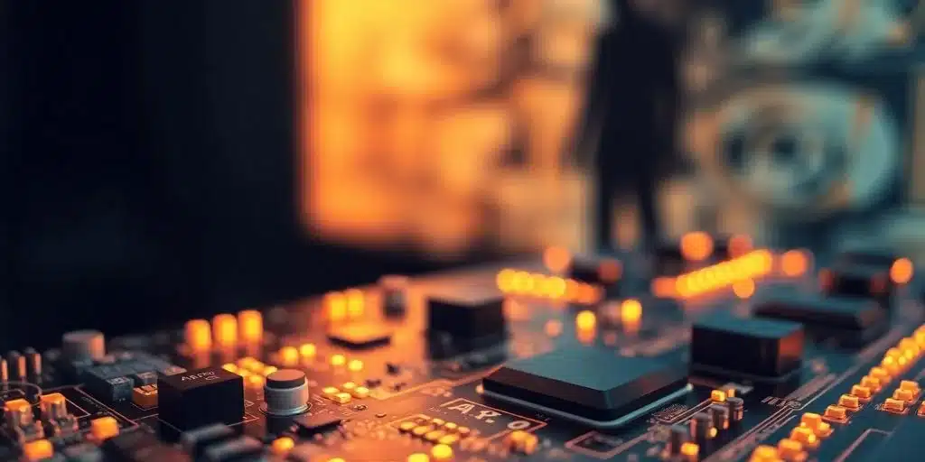 Circuit imprimé avec connexions lumineuses et figure d'IA.