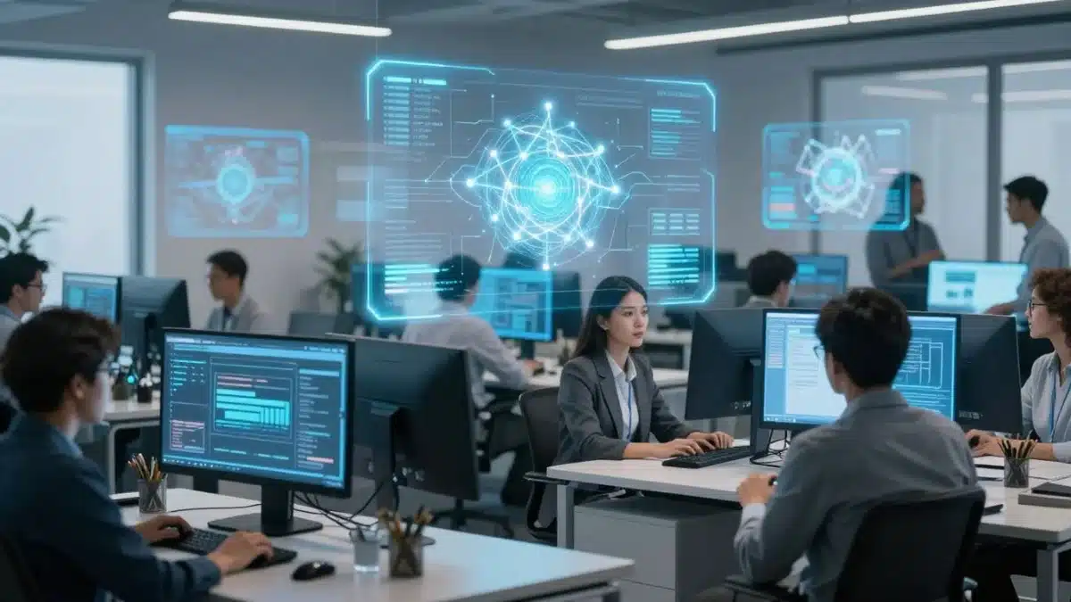Productivité IA Professionnels interagissant avec des interfaces IA holographiques dans un bureau moderne.