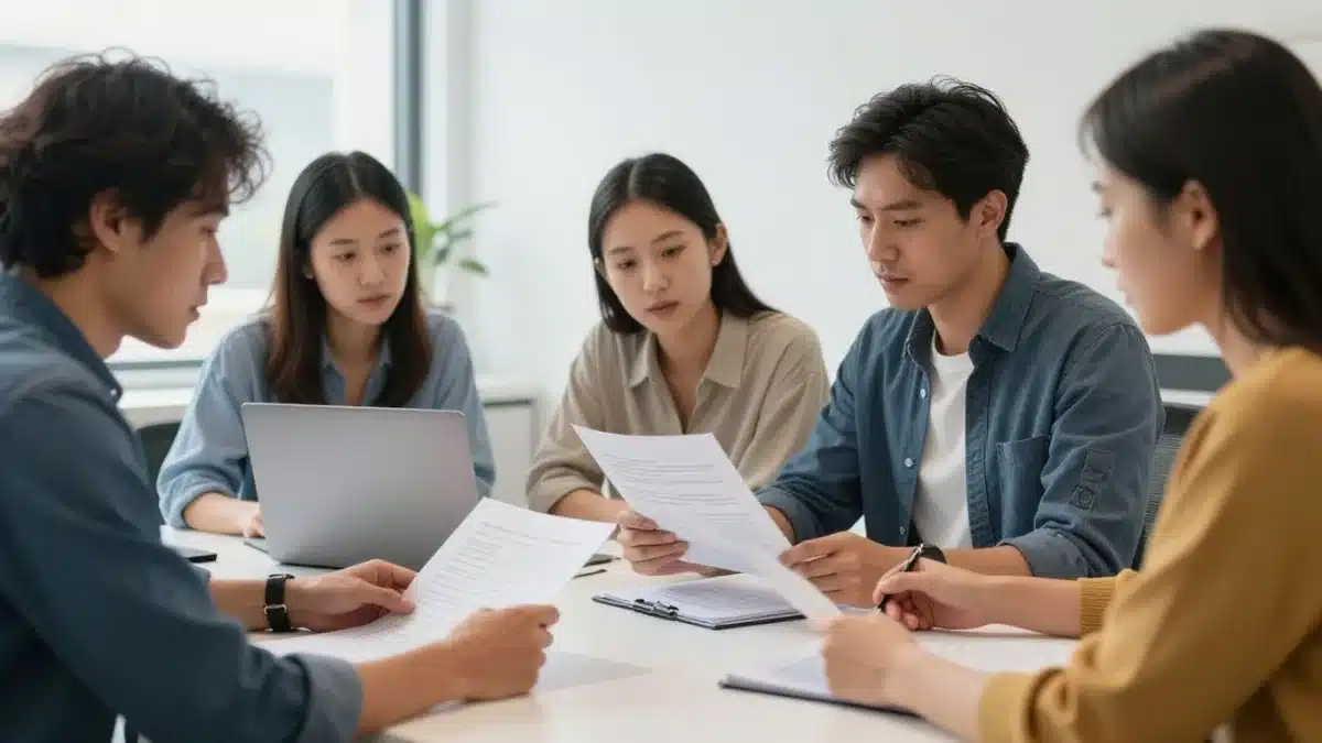 Équipe examinant des documents confidentiels au bureau