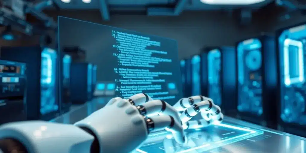 Révolution IA Robot mains codage écran futuriste.
