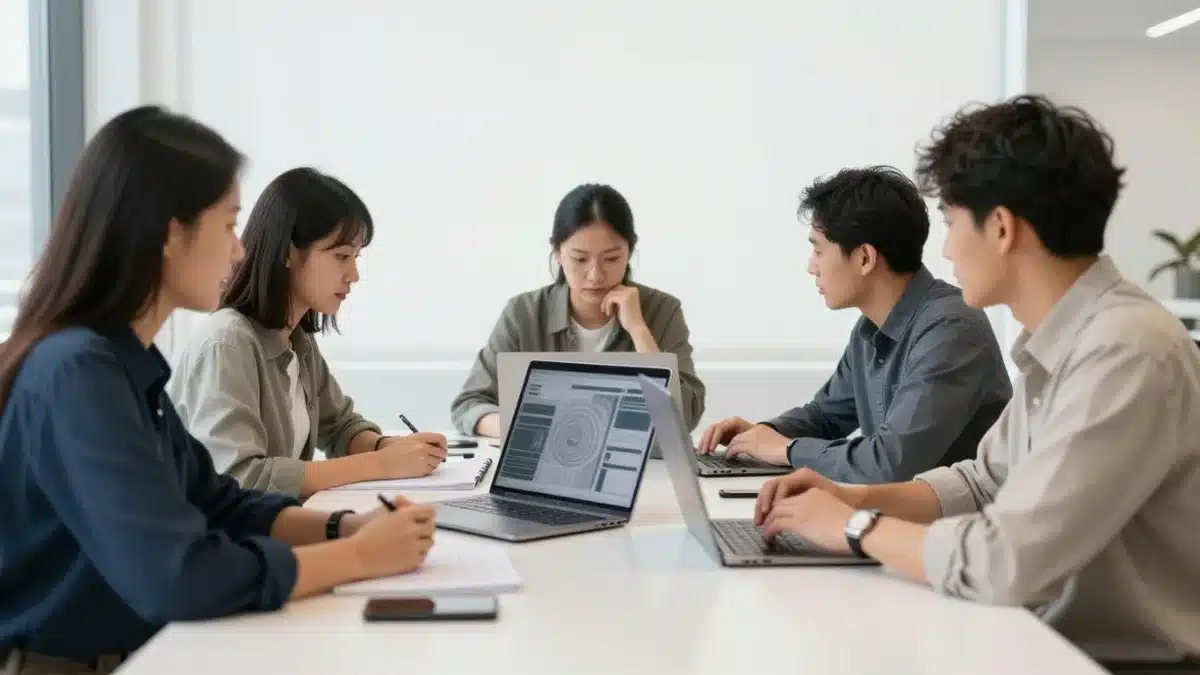 Équipe travaillant dans un bureau moderne avec un ordinateur portable.