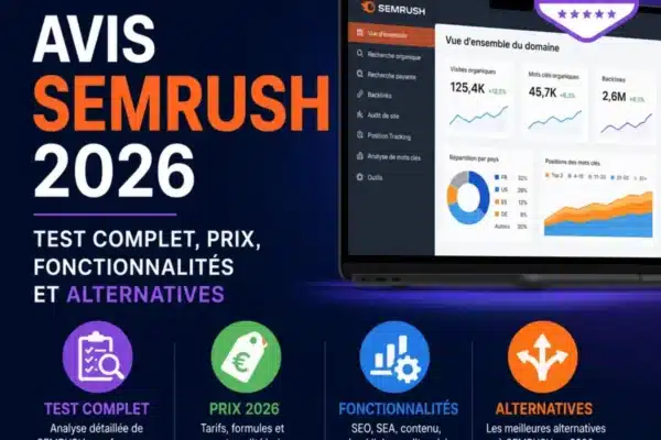 Illustration d’un outil SEO type Semrush avec tableaux de bord analytiques, graphiques de mots-clés et données de backlinks représentant une analyse marketing digital en 2026