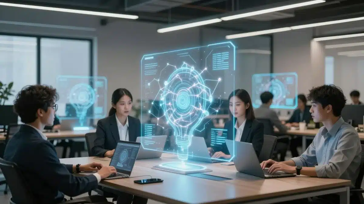 chercheur IA Professionnels interagissant avec des interfaces d'IA holographiques dans un environnement d'entreprise moderne.