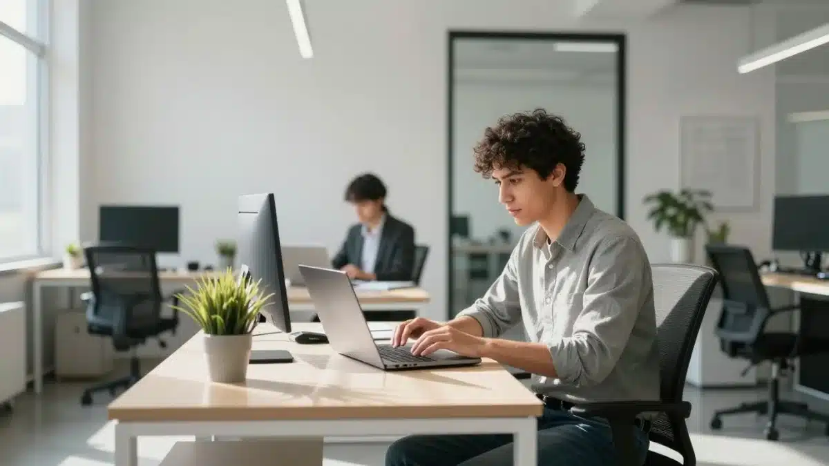 Personne travaillant dans un bureau moderne et lumineux.