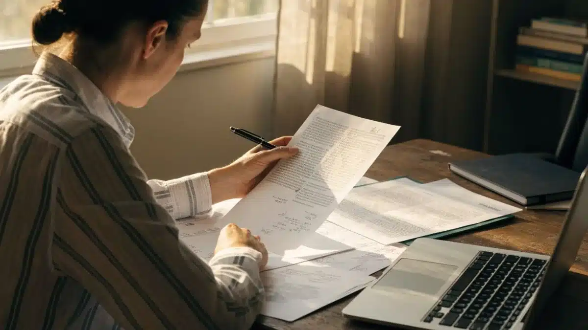 Personne relisant un article et des documents sur une table