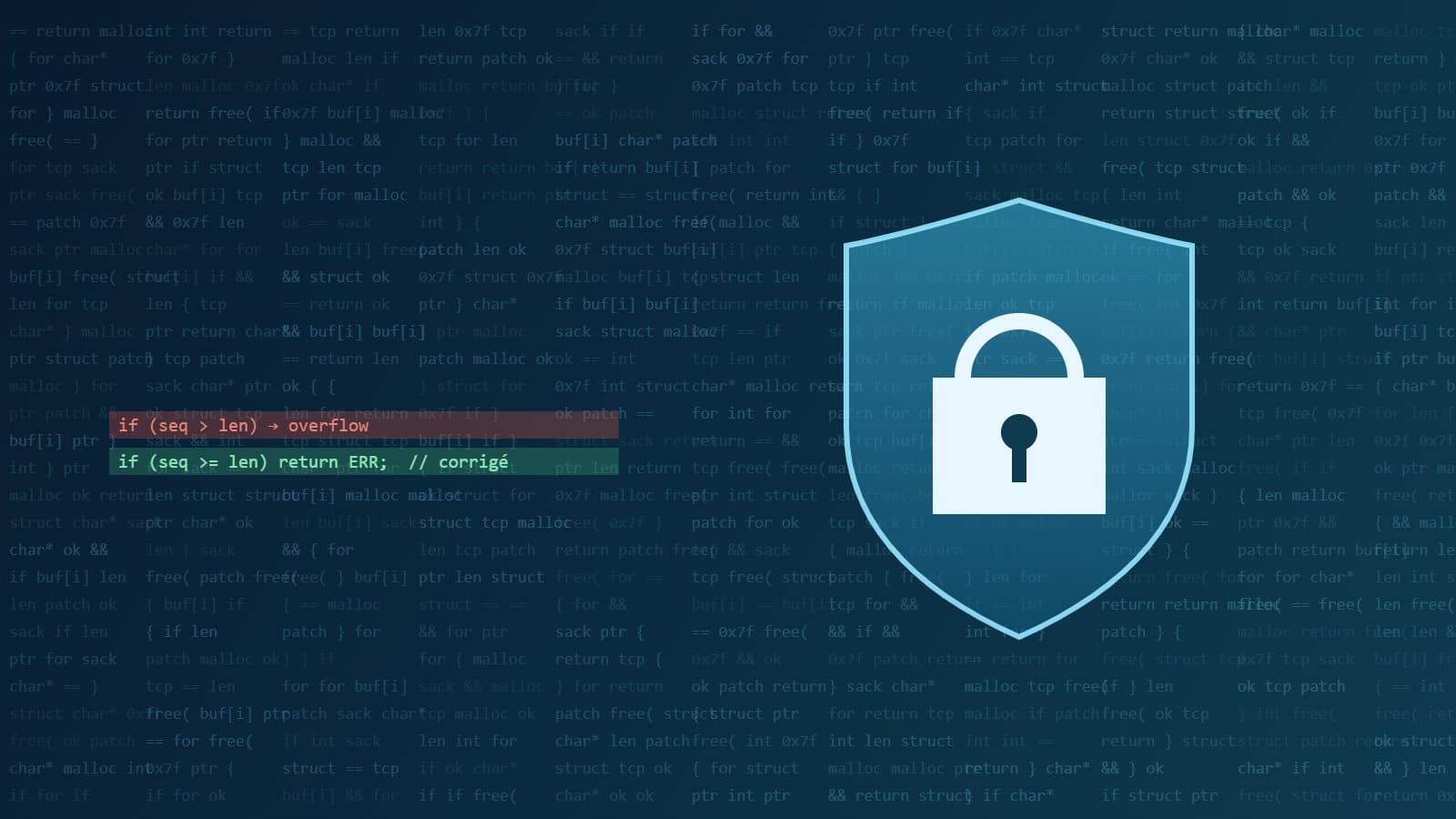 Illustration : bouclier et cadenas devant des lignes de code, une faille signalée puis corrigée