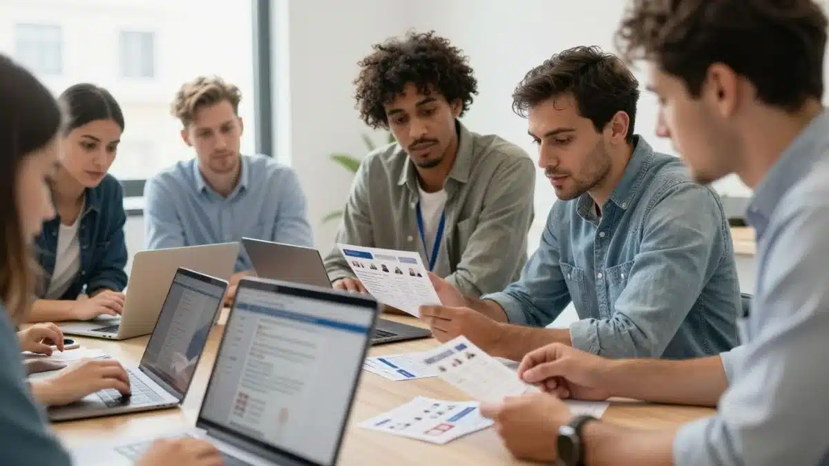 Équipe commerciale analysant les données Équipe commerciale analysant les données de prospects avant une automatisation IA