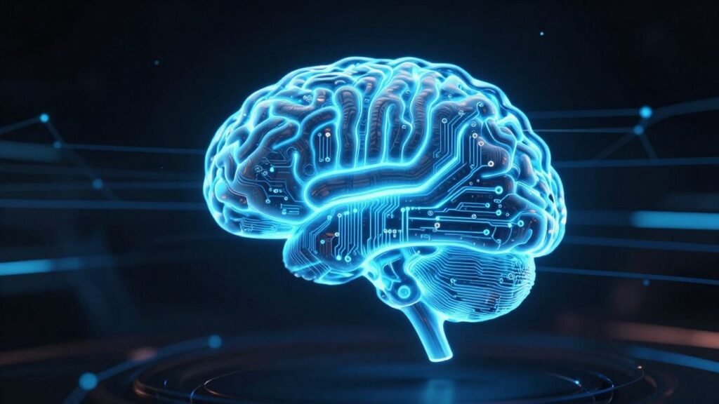 Cerveau numérique bleu lumineux avec des circuits complexes.