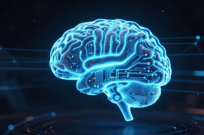 Cerveau numérique bleu lumineux avec des circuits complexes.