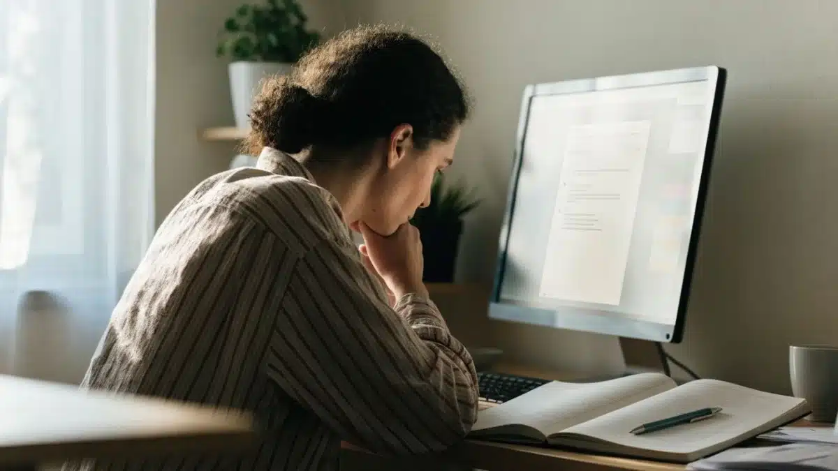 Freelance relisant une réponse sur écran